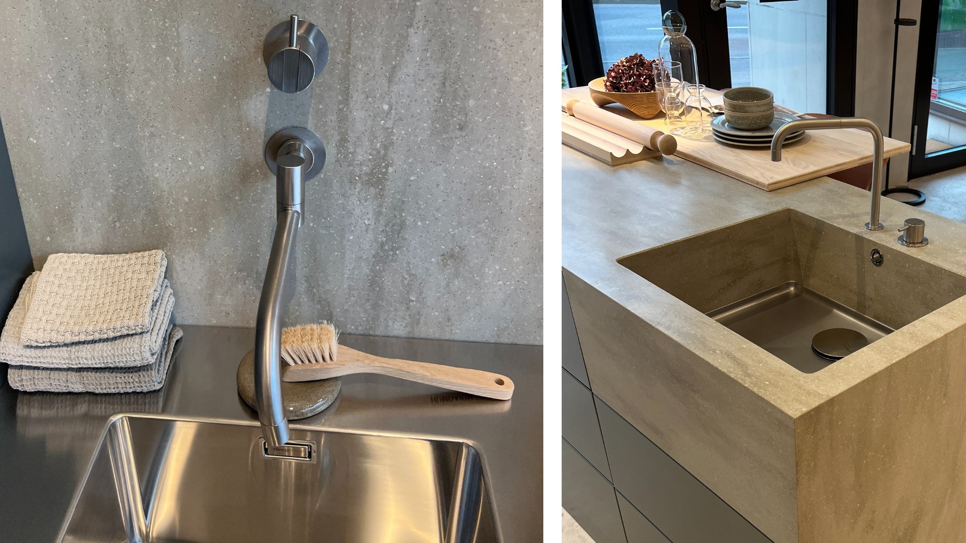Detaljbild delad i två. till vänster detalj på inbyggd vattenkran i väggen. till höger bild på vasken som är inbygd i köksön.