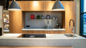 Köksbänk med inbyggd vask i corian kompositmaterial AshConcrete.